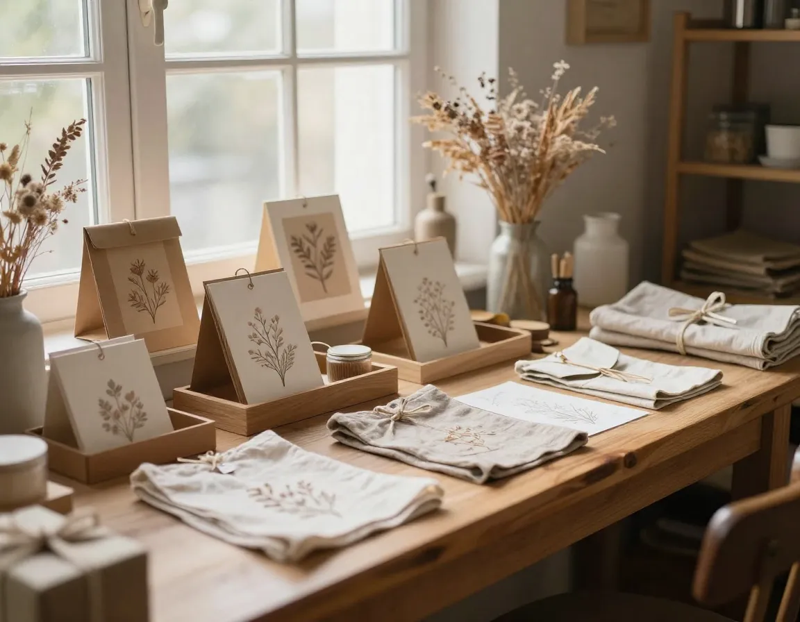 Artisan workspace with handcrafted gifts and natural materials