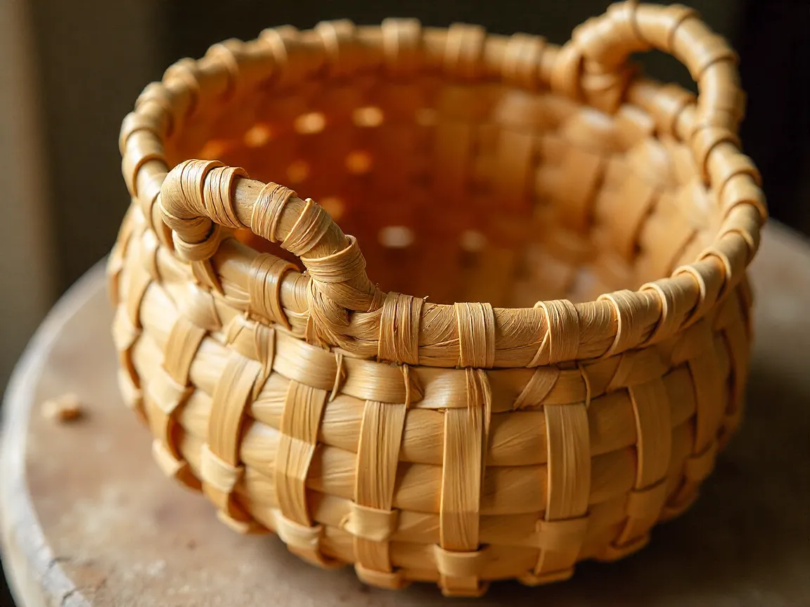 Handwoven natural fiber basket with rustic texture and artisan craftsmanship