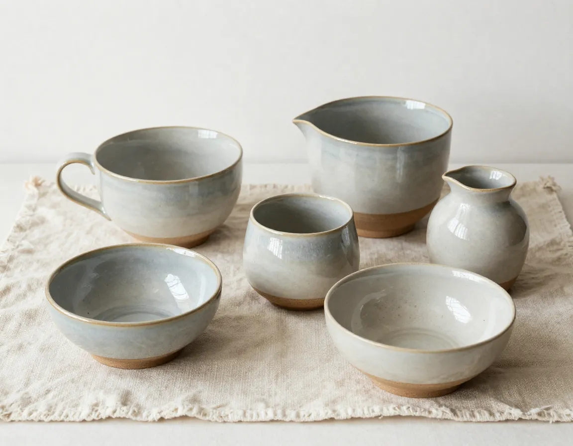 Handcrafted ceramic pottery set with organic shapes and artisan glaze